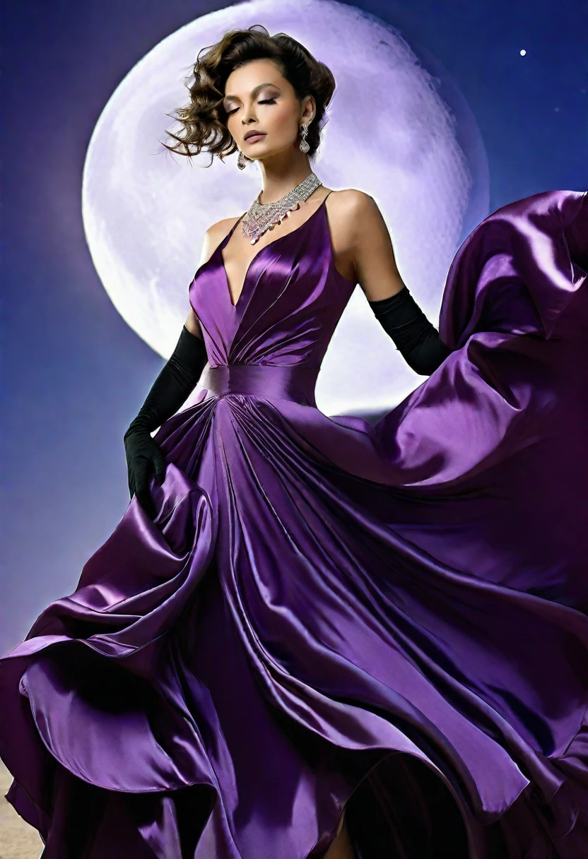 Long flowing skirt, arms and back exposed, sparkling, ideal figure, large bust and fair skin, wearing gorgeous deep purple satin evening dress, dark purple satin long gloves, wearing big black pearl necklace and gorgeous accessories, dancing in the air with moon in background, face not visible. (Best Quality, 4k, 8k, High Resolution, Masterpiece: 1.2), Ultra Detailed, (Realistic, Photorealistic, Photorealistic: 1.37), Intricate Details, Cinematic Lighting, Dramatic Pose, Elegant, High Fashion, Dramatic Colors, Beautiful Fabric Textures