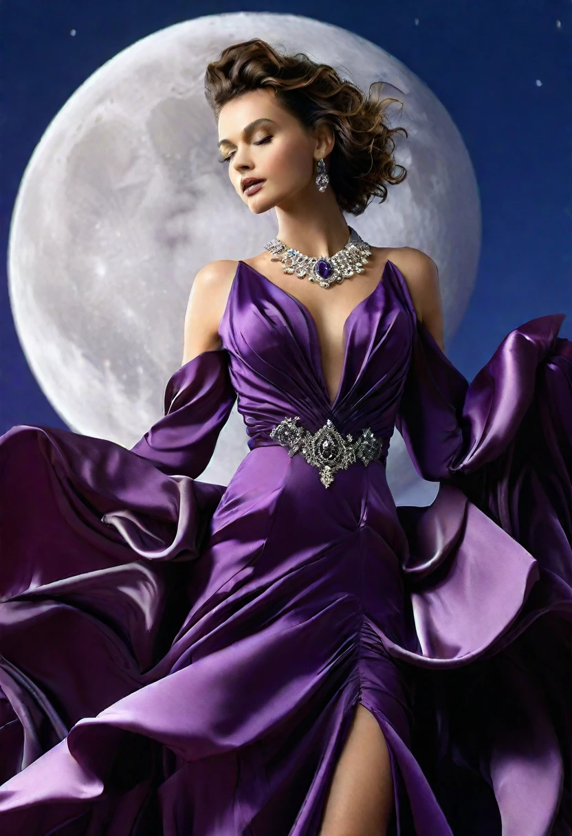 Long flowing skirt, arms and back exposed, sparkling, ideal figure, large bust and fair skin, wearing gorgeous deep purple satin evening dress, dark purple satin long gloves, wearing big black pearl necklace and gorgeous accessories, dancing in the air with moon in background, face not visible. (Best Quality, 4k, 8k, High Resolution, Masterpiece: 1.2), Ultra Detailed, (Realistic, Photorealistic, Photorealistic: 1.37), Intricate Details, Cinematic Lighting, Dramatic Pose, Elegant, High Fashion, Dramatic Colors, Beautiful Fabric Textures