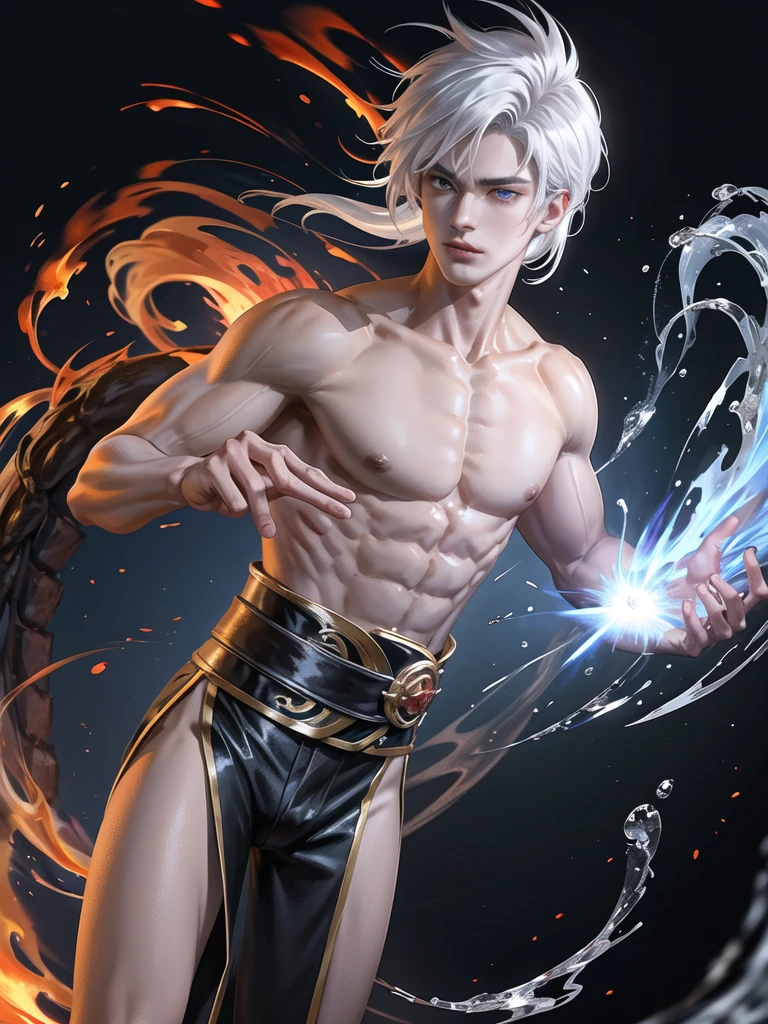 Generates a 2-meter man who is a Viking warrior with short white hair at the height of his eyebrows who, as clothing, wears the skin of a polar bear that is from an anime and shows his muscles., and carry a sword, that he has a little white beard and that he wears bandages on his hands as protection., He has light scars on his face and body and has a tattoo of lightning bolts and a dragon that covers his right chest and also the right side of his abdomen., Also, let your eyes and hair shine with a light blue light. 