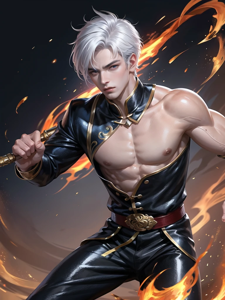 (Martial arts style works),(quality),(height) ,1 boy,light black eyes, Short, dark indigo white hair., alone,(Detailed background of a young boy),A handsome, cool and detailed face.,fire fairy tale,(fire dragon race),The body is muscular and shiny.,hand holding a fire sword,,light picture narration movie,Didn't see the view.,Not looking at the view.,light and shadow,Wear a handsome and cool traditional Chinese outfit with perfect details.,Wear a handsome black and red traditional Chinese outfit.,,on fire,, There was a subtle circle of black-red lights surrounding its back..