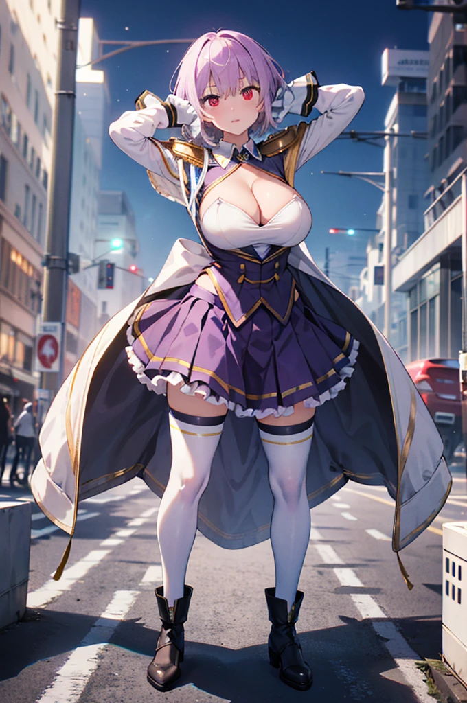(full body),masterpiece, Highest quality, High resolution, male, short hair, Hello, Red eyes, Large Breasts, Cleavage, Epaulettes, White gloves, Elbow hand pockets, Purple Skirt, Knee socks, Cowboy Shot, (Pose in front, Squat,Place your hands behind your head.),Straight, street,