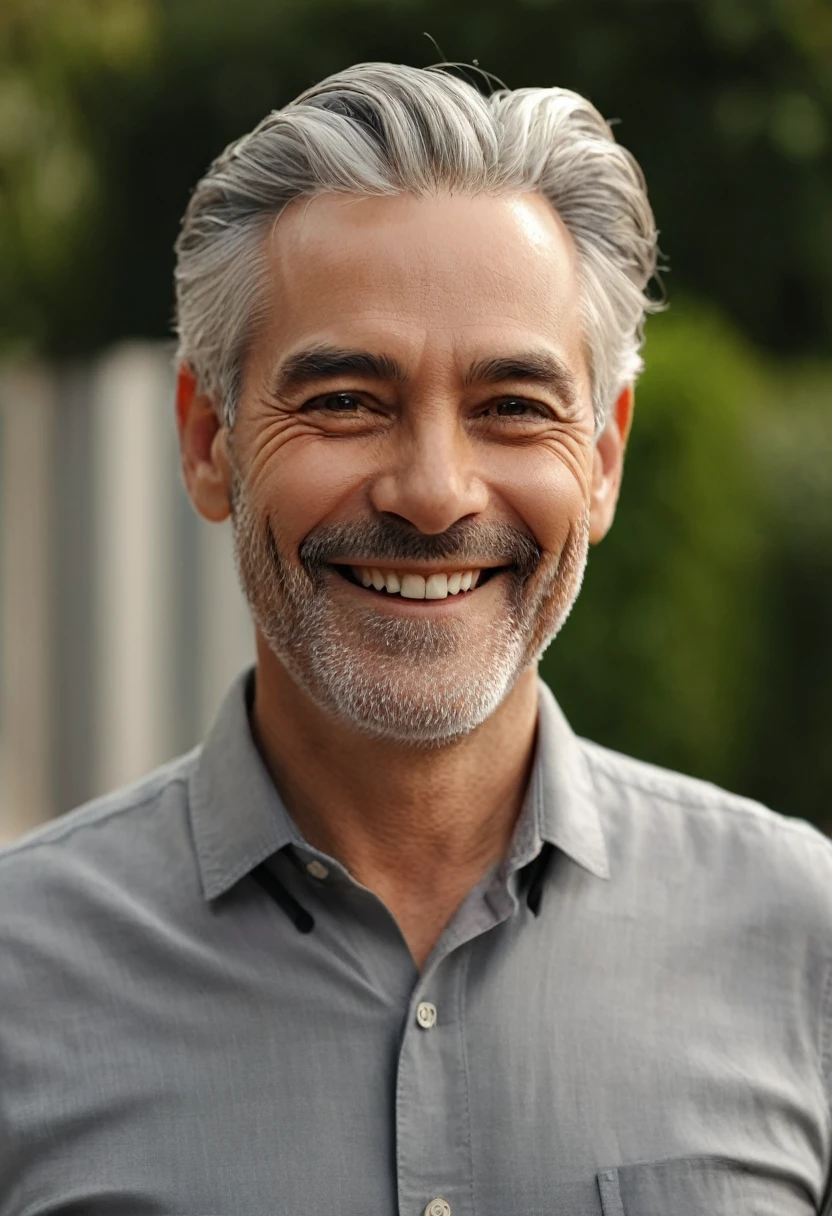 medium shot, solo, photo of a man, grey hair, smiling, standing, (sharp focus, highly detailed, 4k, 8k, best quality, masterpiece, ultra highres:1)