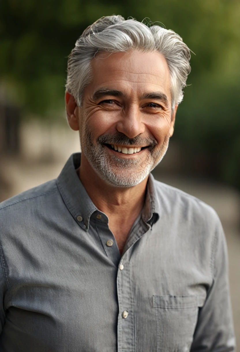 medium shot, solo, photo of a man, grey hair, smiling, standing, (sharp focus, highly detailed, 4k, 8k, best quality, masterpiece, ultra highres:1)