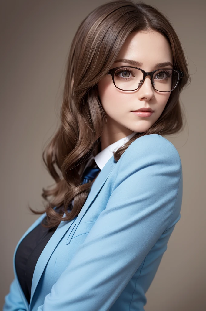 white woman style 3d Pixar drawing, hair with shoulder-length curls in medium brown with discreet highlights, medium frame glasses, the glasses are not round and they are not square, the frame is red.tenebrosa, the hair is parted on the side with the fringe being chin-length, She is happy with one arm crossed and the other arm is resting on the arm that is crossed and one hand on her chin, with a pose of authority. light tones clothes with blue blazer