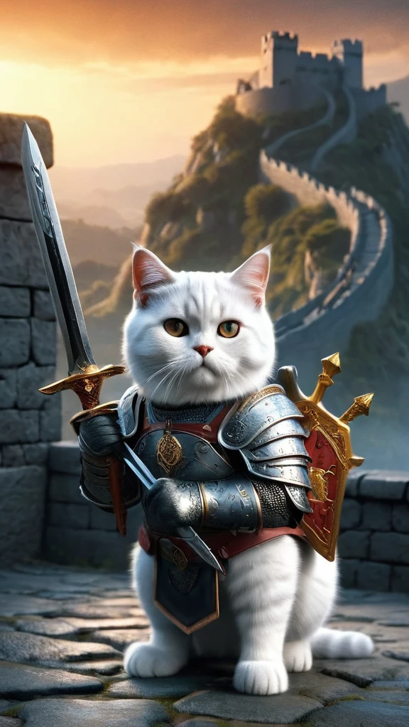 official art, unified 8k wallpaper, super detailed, Beautiful and beautiful, masterpiece, best quality, to movies《lord of the ring》style of，Real-life scenarios，Epic war scenes，(a white British Shorthair Cat warrior:1.4)，(full body:1.2), Put on exquisite armor，holding a longsword，In battle，The Great Wall background，Cool colors，texture，Ray tracing，
