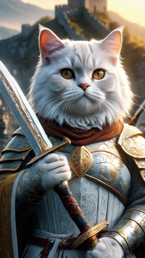 official art, unified 8k wallpaper, super detailed, Beautiful and beautiful, masterpiece, best quality, to movies《lord of the ring》style of，Real-life scenarios，Epic war scenes，(a white British Shorthair Cat warrior:1.4)，(full body:1.2), Put on exquisite armor，holding a longsword，In battle，The Great Wall background，Cool colors，texture，Ray tracing，