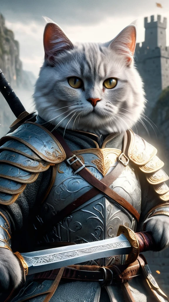 official art, unified 8k wallpaper, super detailed, Beautiful and beautiful, masterpiece, best quality, to movies《lord of the ring》style of，Real-life scenarios，Epic war scenes，(a white British Shorthair Cat warrior:1.4)，(full body:1.2), Put on exquisite armor，holding a longsword，In battle，The Great Wall background，Cool colors，texture，Ray tracing，