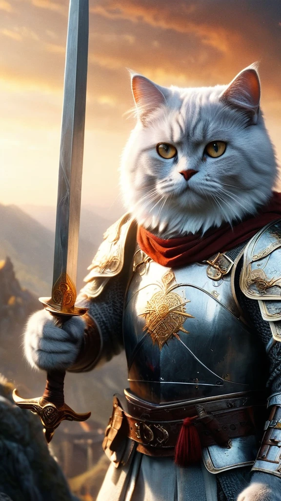 official art, unified 8k wallpaper, super detailed, Beautiful and beautiful, masterpiece, best quality, to movies《lord of the ring》style of，Real-life scenarios，Epic war scenes，(a white British Shorthair Cat warrior:1.4)，(full body:1.2), Put on exquisite armor，holding a longsword，In battle，The Great Wall background，Cool colors，texture，Ray tracing，