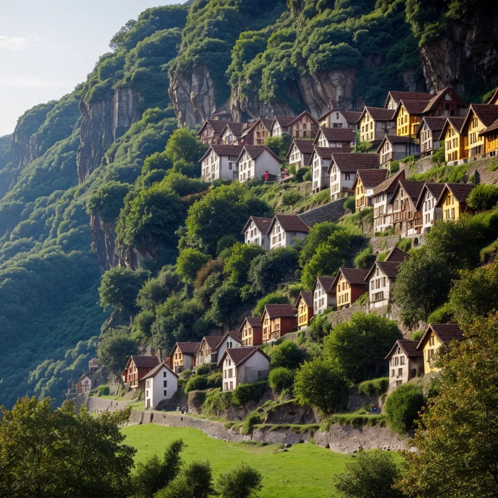 A city of little wood medieval houses builted in the cliff walls
