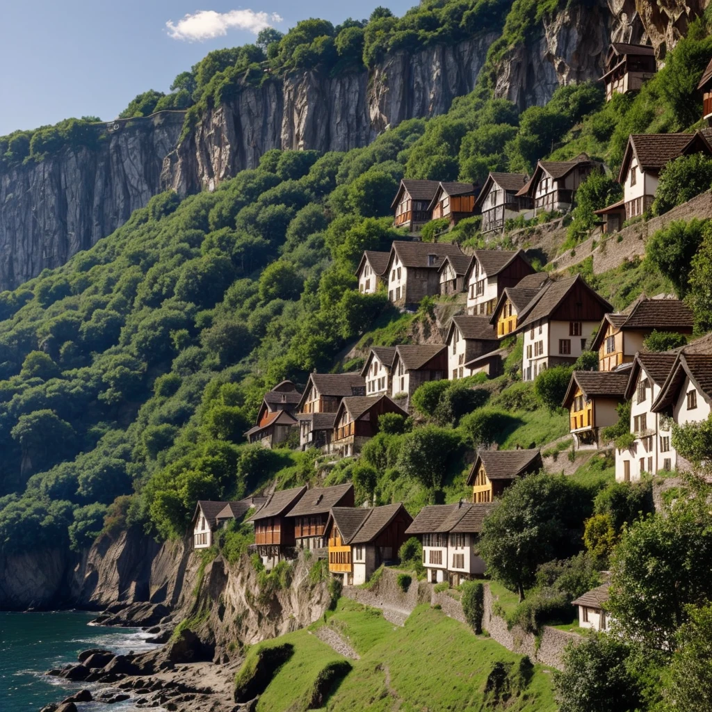 A city of little wood medieval houses builted in the cliff walls