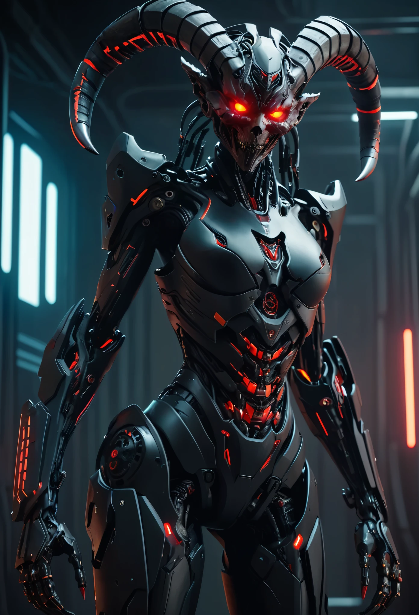 (best quality,4k,8k,highres,masterpiece:1.2),ultra-detailed,(realistic,photorealistic,photo-realistic:1.37), a heavily armed female android modeled after a terrifying demonic appearance, evil android, dark futuristic science fiction, hyper-detailed, cinematic lighting, dramatic chiaroscuro, muted color palette, intricate mechanical details, ominous atmosphere, intimidating presence, mechanical limbs, glowing red eyes, sharp fangs, sinister expression, advanced weaponry, cyberpunk, dystopian, moody, large goat horns