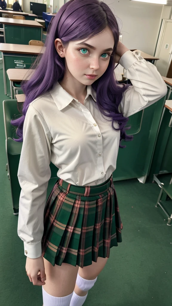 a young girl, big green eyes, round face, small nose, big lips, long purple hair, long eyelashes, pale skin, red cheeks, split chin, Green plaid skirt, long-sleeved white blouse, high socks, school shoes, in class room, in school, more students, naughty face, f/16, Canon, Fujicolor, ray tracing, from above, 16k, 8k, highres, best quality, award winning, high quality, high details, super detail, textured skin, anatomically correct, masterpiece, accurate