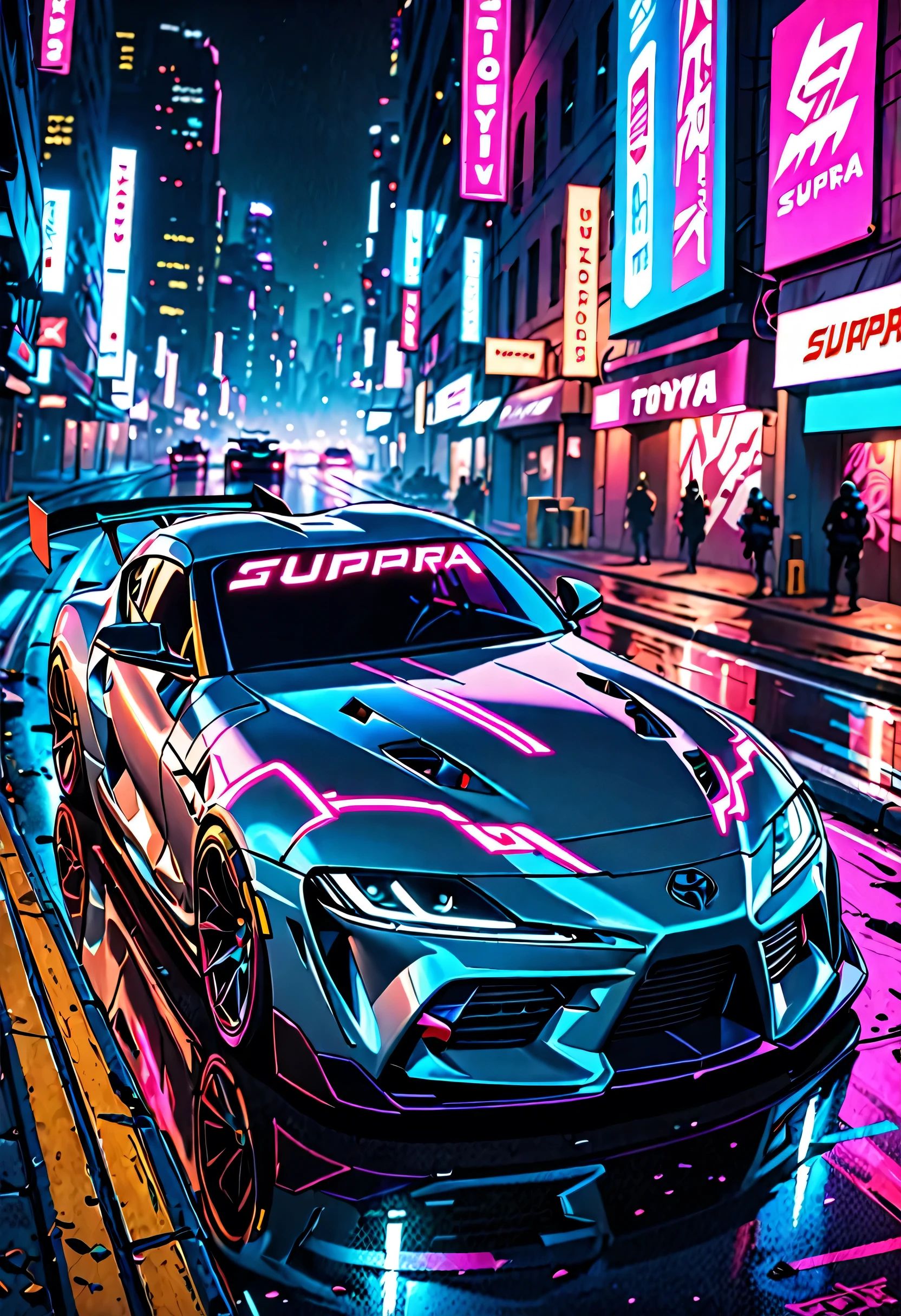 ((best quality)), ((masterpiece)), (detailed),(Cyberpunk) 1Car, Toyota supra, Neon light, drifting, night.