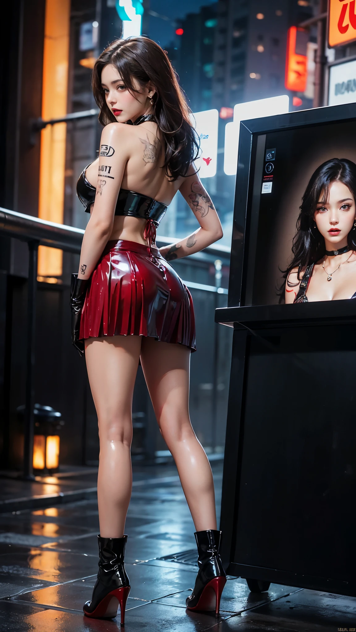 ((masterpiece:1.4)、(Highest quality:1.4)、(Realistic:1.7))、Masterpiece:1.4、(Top-notch rendering:1.4)、(SWAT2:1.4)、Super Beauty捜査官、(By Luis Royo:1.4)、(Latex bodysuit:1.2)、(Shiny luxury latex:1.7)、(Red Corset:1.2)、(Bikini style costume:1.2)、(Luxury Red Latex:1.4)、(red pleated mini skirt:1.7)、22 years old、(Cute Tattoos:1.4)、(Wearing white gloves)、Cute Girl、Super Beauty、Sharp Focus、Portrait Photography:1.4、8K、Photorealistic images:1.4、(Perfect female body:1.4)、Perfect proportions、(Upper body shot:1.4)、Beautiful Face、Fearless look、Beautiful Eyes、(Narrow waist:1.4)、(9-body proportions beautiful girl:1.4)、(A beautiful girl with long legs and a good figure:1.4)、Beautiful feet:1.2、(Long Hair:1.2)、Beautiful breasts、Large Breasts:1.2、sexy ass、(Standing facing forward:1.4)、Raw photo、Red lips、Red high heels:1.4、choker:1.4、necklace:1.4、Earrings:1.4、1 Screen Display:1.4、Beautiful night view of cyberpunk city:1.2