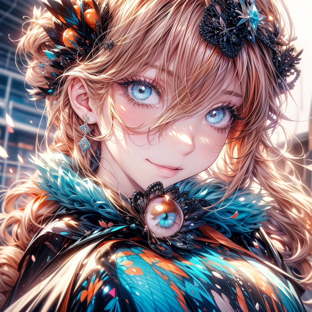 super verbose、highest quallity、a beautiful girl、long curly orange hair、Messy hair、disordered hair、orange eyelashes、diamond eyes、turquoise eyes、Beautiful eyes、 lips、spectacular view