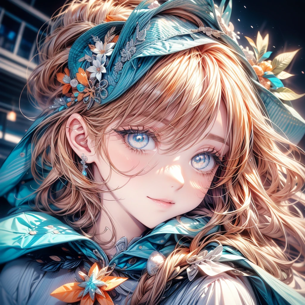 super verbose、highest quallity、a beautiful girl、long curly orange hair、Messy hair、disordered hair、orange eyelashes、diamond eyes、turquoise eyes、Beautiful  eyes、 lips、spectacular view