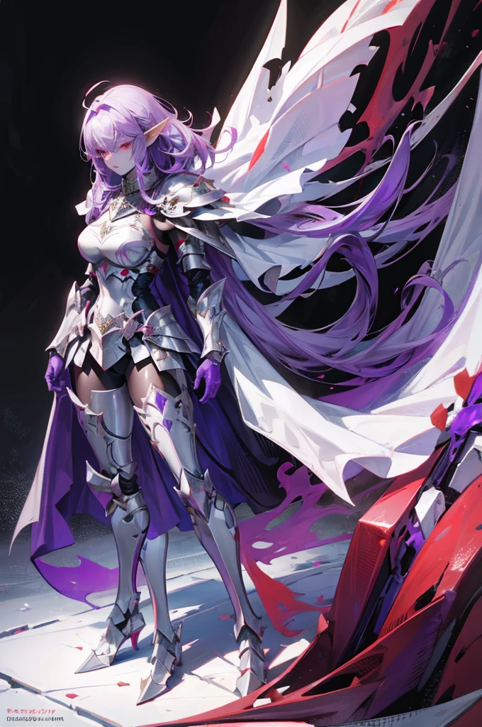 female elf knight, full body art, purple hair, white skin, red iris eye, knight full plate adorned armor, silver cape, perfectly detailed