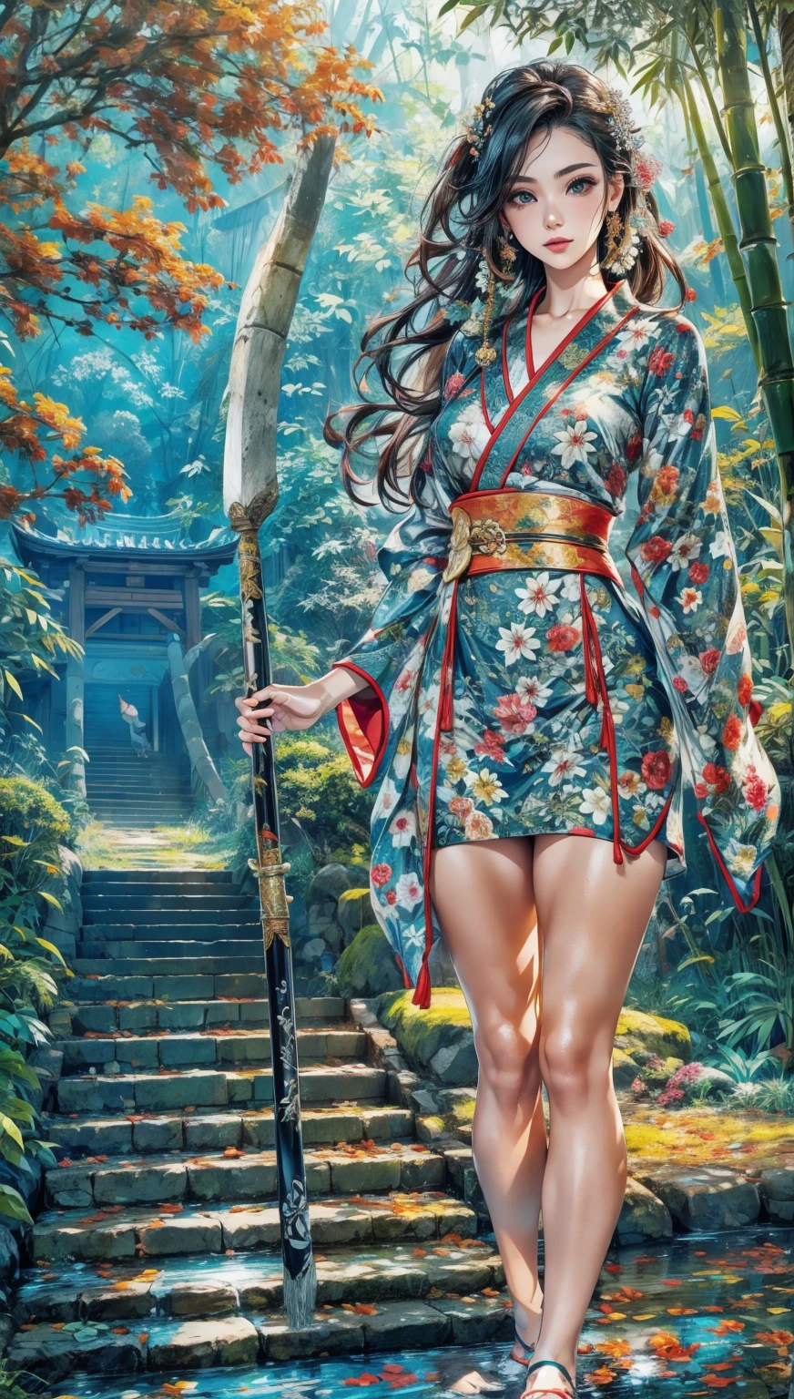 Gripping the naginata in his right hand、Puddles at my feet、Feet are bare、The background is fresh green、moss、bamboo