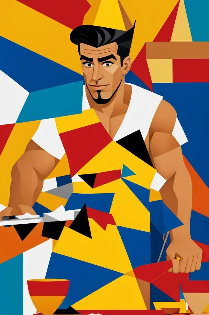 "Create an image of Iván Prado cooking as a chef in a professional kitchen, depicted in the style of cubism. Utilize geometric shapes, fragmented forms, and multiple perspectives to capture the essence of cubist art. Use bold, vibrant colors and abstract elements to portray the dynamic environment and Johnny Bravo's characteristic pose and expression."