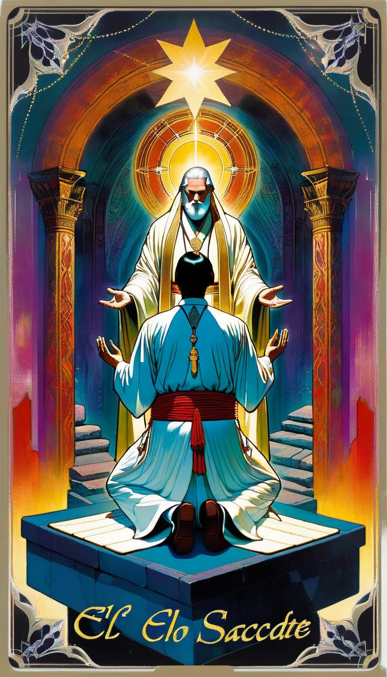 tarot card, the high priest,men pray kneeling before the priest in a great temple ((text on card: "EL SUMO SACERDOTE"))artwork artwork by Bill Sienkiewicz, vivid colors, intricate details, oil.
