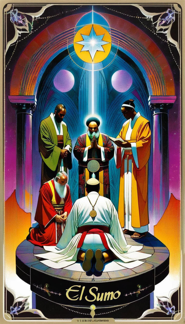 tarot card, the high priest,men pray kneeling before the priest in a great temple ((text on card: "EL SUMO SACERDOTE"))artwork artwork by Bill Sienkiewicz, vivid colors, intricate details, oil.
