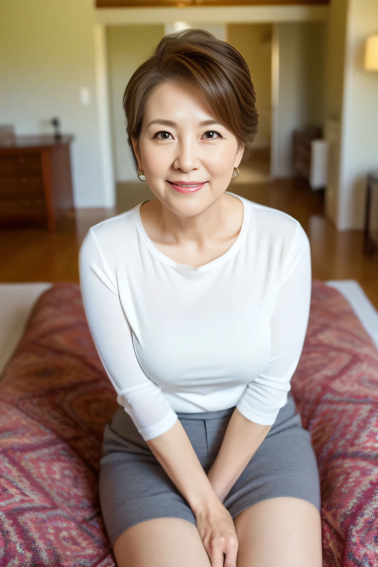 Highest quality, (Mature woman), ((Portraiture:1.3)), 腕をFrom head to thighs組んだイメージ)))(Kind Face),(View your viewers),Tight-fitting t-shirt、Voluptuous thighs,Hyper detail on skin,Cleans pores,Panoramic View,(Beautiful mature woman over 75 years old)、Japanese middle-aged woman, Perfect Face, Great look, (Detailed facial features), (Updo:1.3),Clean and nice face、(room:1.5)、(((From head to thighs)))