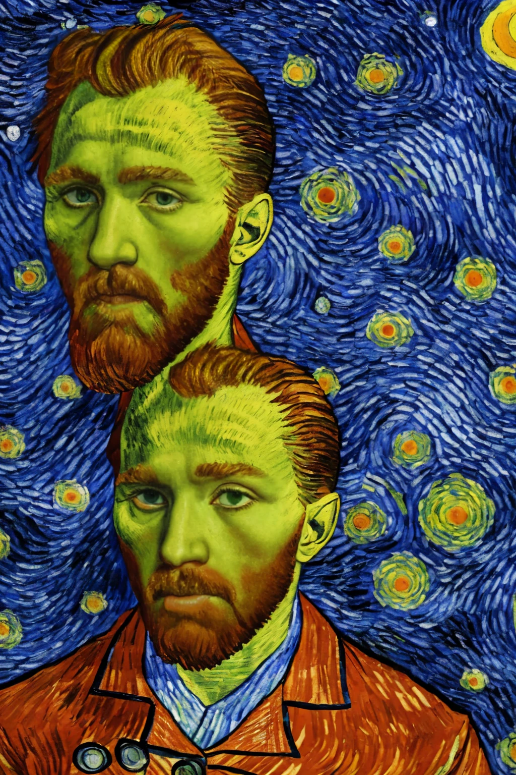 red-haired man, barba, cabelo redhead, blue suit, Van Gogh style, VincentWillemvanGogh, starry sky coming out of man&#39;s head, pincel that is, 