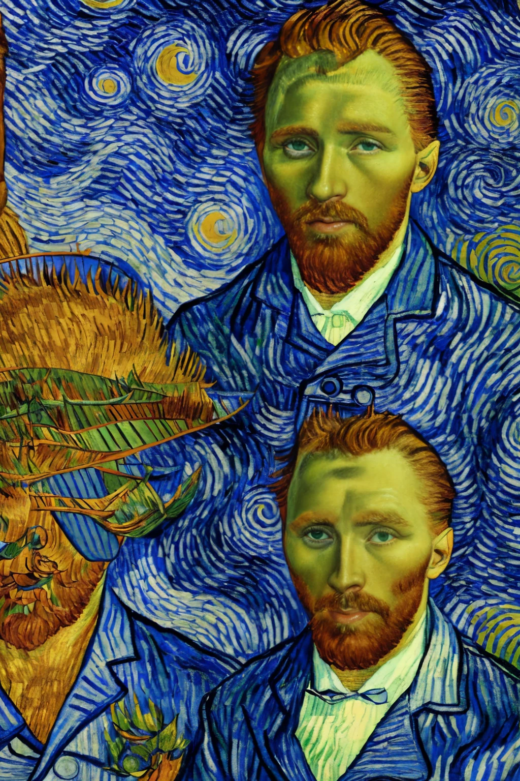 red-haired man, barba, cabelo redhead, blue suit, Van Gogh style, VincentWillemvanGogh, starry sky coming out of man&#39;s head, pincel that is, 