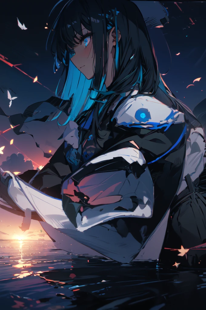 Beautiful hands, Beautiful dresasterpiece, (best quality:1.2), intricate details, ado, 1girl, multicolored hair, long hair, collared shirt, jacket, bangs, long sleeves, blue flower, (mature female:1.2), Ado, (dark blue hair, light blue inner), extra long hair, straight hair, blue eyes, slanted eyes, white inner shirt, (long black jacket, long black pants), (masterpiece, best quality:1.2), intricate details, ado, 1girl, multicolored hair, long hair, collared shirt, bangs, long sleeves, blue flower, (mature female:1.2), Stars and comets pass by in the open sky, Beautiful Clouds, A tree with glowing fireflies and butterflies々, (Ultra-realistic), {Highly detailed CG unit 8k wallpaper}, Vast landscape photography, (View from below with a panoramic view of the sky, vast open field vision), (Low angle shot), (Light: 1.5), (warm Light source: 1.2), Intricate details, (Rainbow colors: 1.2), (bright Lighting), (atimospheric Lighting), dream-like, Magic, fairy tale
