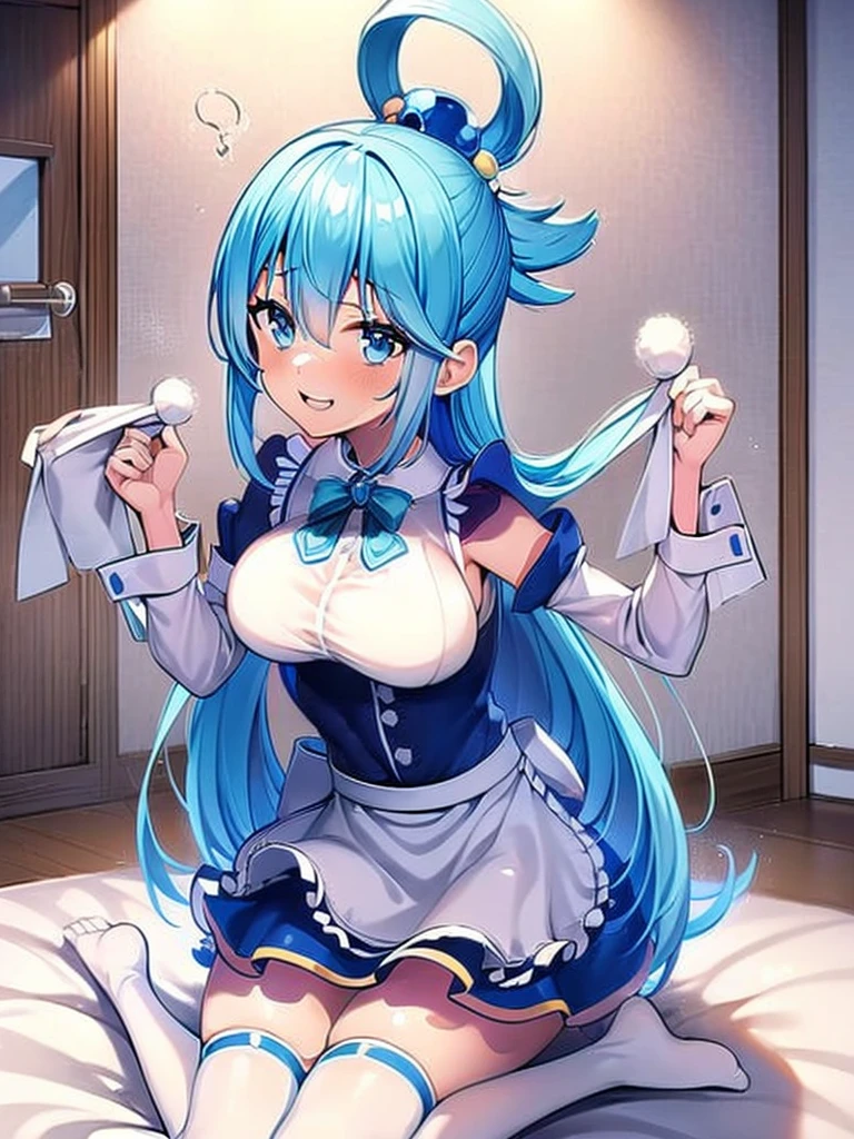 (masterpiece, Best quality: 1.2), solo, 1 girl, Konosuba ,aqua, detailed face, exhilaration, beautiful smile, looks at the viewer, detailed clothing, detailed fabric, Hair rings, maid, lace, shoes, Medium breasts, middle thighs, Bedroom, Bed, kneeling on the bed