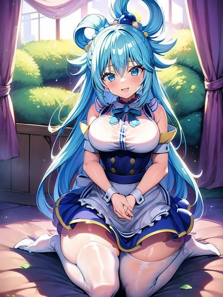 (masterpiece, Best quality: 1.2), solo, 1 girl, Konosuba ,aqua, detailed face, exhilaration, beautiful smile, looks at the viewer, detailed clothing, detailed fabric, Hair rings, maid, lace, shoes, Medium breasts, middle thighs, Bedroom, Bed, kneeling on the bed