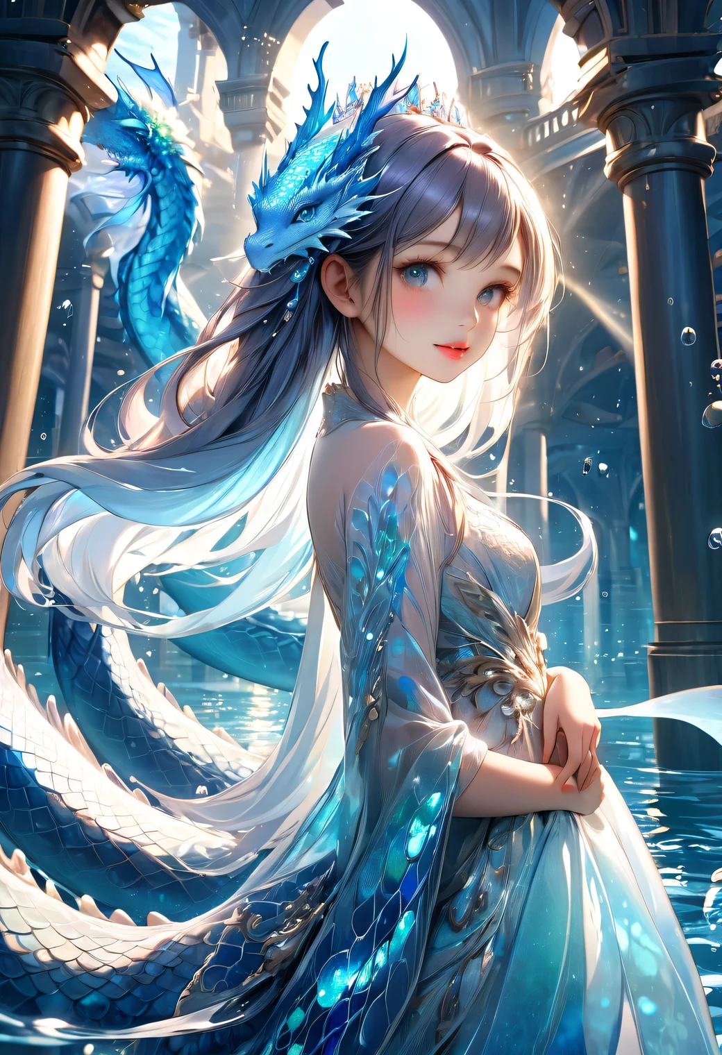 undersea Dragon Palace, 1girl Cute Princess Otohime, long flowing hair, Beautiful attention to detail, Beautiful lip detail, Highly detailed face, Porcelain-like skin, Elegant and gorgeous dress, loose fitting dress, Shimmering Scales, A glowing, bioluminescent ocean, Sunlight shining through water, Fantastic architecture, (Highest quality, 4K, 8K, High resolution, masterpiece:1.2), Super detailed, (Realistic, photoRealistic, photo-Realistic:1.37), Dramatic lighting, Vibrant colors, Structure of the film