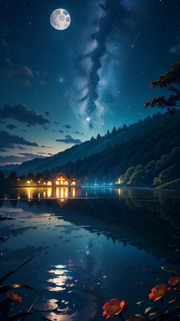 master part, gorgeous, Landscape, (((DDIM_HumaDDIMs))), Noite, flor, Jardim, Starry sky, constellations,((Full Moon)) , atordoante, vista, water, quente, aconchegante, peaceful, Meteoro, cosmico, Magic, magia, particuls, Justo, ((Pirilampos))