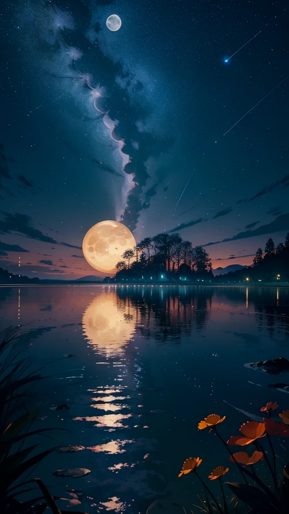 master part, gorgeous, Landscape, (((DDIM_HumaDDIMs))), Noite, flor, Jardim, Starry sky, constellations,((Full Moon)) , atordoante, vista, water, quente, aconchegante, peaceful, Meteoro, cosmico, Magic, magia, particuls, Justo, ((Pirilampos))