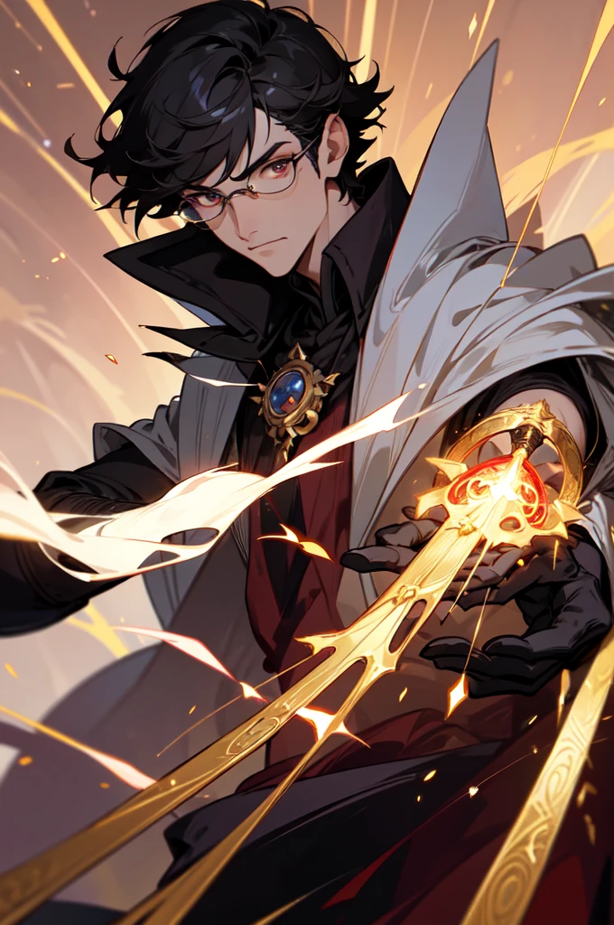 masterpiece, best quality, 1 male, young, tall muscular, handsome, finely detailed eyes, intricate details, black hair, short hair, evil face, solo, upper body, detailed dark shadow background, detailed face, good sorcerer, color magical robes, determined expression, white color scheme, dark crimson light, glowing magical runes, realistic lighting, floating particles, sparks, surrounded by gold lightning red arcane symbols, corrupted by eldritch power, bloom, glasses, gloves
