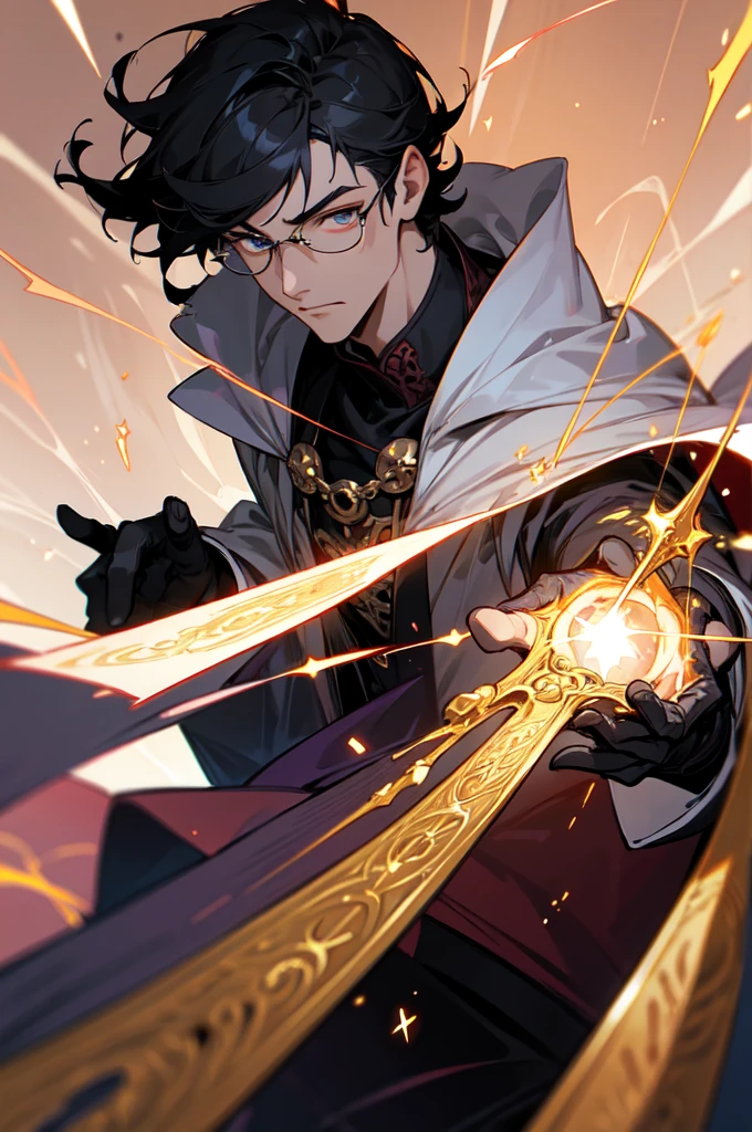 masterpiece, best quality, 1 male, young, tall muscular, handsome, finely detailed eyes, intricate details, black hair, short hair, evil face, solo, upper body, detailed dark shadow background, detailed face, good sorcerer, color magical robes, determined expression, white color scheme, dark crimson light, glowing magical runes, realistic lighting, floating particles, sparks, surrounded by gold lightning red arcane symbols, corrupted by eldritch power, bloom, glasses, gloves