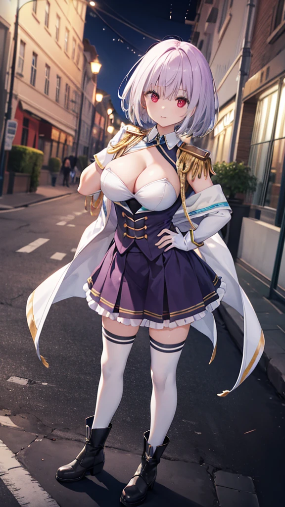 (full body),masterpiece, Highest quality, High resolution, male, short hair, Hello, Red eyes, Large Breasts, Cleavage, Epaulettes, White gloves, Elbow hand pockets, Purple Skirt, Knee socks, Cowboy Shot, (Pose in front)，Straight, street，Low - Angle，Downから，Down