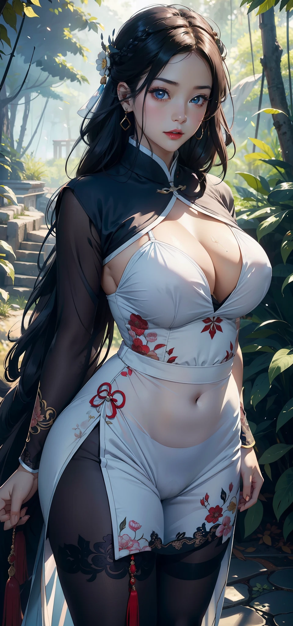 1 female，45 years old，，Royal sisters，big breasts slightly fat，Large Breasts（background：In the woods，Rainforest，in a spring，） She has short black hair，Wheat Bran，Straight Hair，red lips，permanent，Front view， gloomy sky，（（（masterpiece），（Nity 8k Wallpaper，Rich in CG details），best quality，Light，详细background，beautiful eyes，（Very delicate and beautiful），（Beautiful and detailed description of the eyes），在ltra Detailed，masterpiece，）），face camera，high resolution，在ltra Detailed），nude，Exposing genitals， Nipple protrusion，Camel toe，Sexy bulge，Princess of the Qing Dynasty（wear：，White transparent cheongsam，Flag Header，Lace，tights）