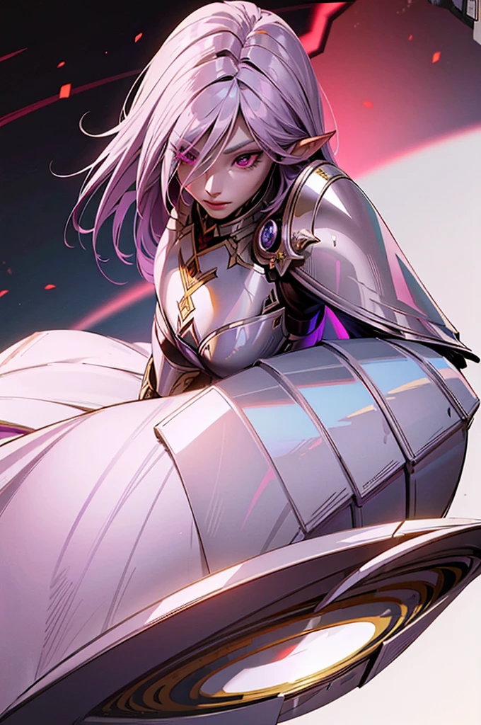 female elf knight, full body art, purple hair, white skin, red iris eye, knight full plate adorned armor, silver cape, perfectly detailed