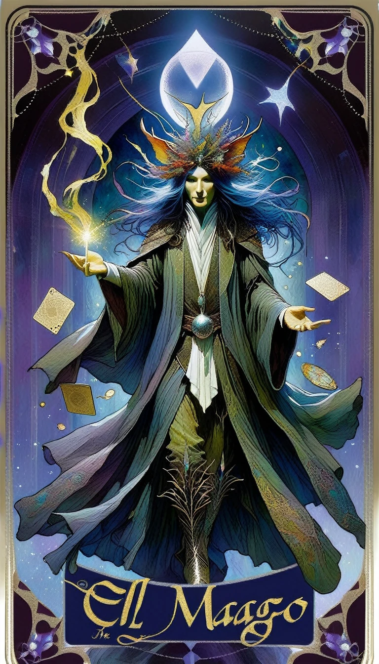 tarot card, the magician, ((text on card: "EL MAGO"))artwork by Brian Froud and Carne Griffiths and Wadim Kashin, intricate details, oil
