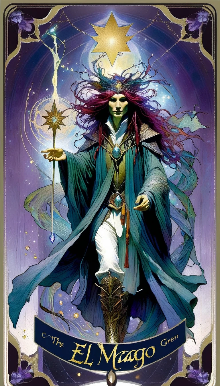 tarot card, the magician, ((text on card: "EL MAGO"))artwork by Brian Froud and Carne Griffiths and Wadim Kashin, intricate details, oil
