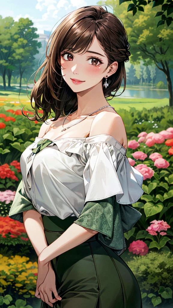 (masterpiece:1.3, Highest quality, Ultra-high resolution, Super detailed), (Realistic, photoRealistic:1.4), Beautiful illustrations, Perfect lighting, colorful, Depth of written boundary, Beautiful detailed hair, Beautifully detailed face, Beautiful fine details, Droopy eyes、Beautiful clavicle, Beautiful body, 美しいLarge Breasts, Beautiful thighs, Beautiful feet, Beautiful fingers, View Viewer、Front view:0.6, Beauty1人, Japanese, Beauty、30 years old, Perfect Face, (Perfect Anatomy, Anatomically correct), Cute and symmetrical face, Baby Face, , Shiny skin, (Dark green off-the-shoulder blouse:1.4), ((Wraparound skirt:1.5)) 、(Dark brown hair, Updo Hair:1.4), braided bangs、Dark brown eyes, Droopy eyes、Large Breasts, Slim body, necklace, Small earrings:1.1, (Beautiful views), (noon), garden, Riverside、A soft smile、(Smile, Lips parted),