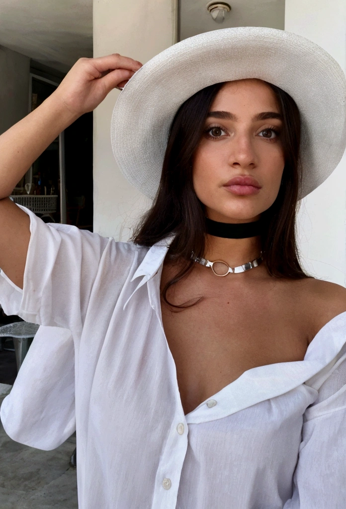Woman wearing a hat and a white shirt taking a selfie, in Ipanema, an image inspired by Ion Andreescu, instagramart, CRU photo, photorrealistic, hyper realist, iPhone quality, cerveja madison, wearing a choker and a cute hat, violet myers, Kailee Mandel, cerveja madison girl portrait, Bella Poarca, :: cerveja madison, thick lips