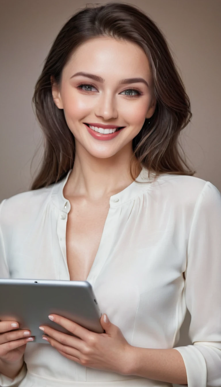 An elegant brunette woman, a top model, smiling, soft skin, with a tablet in her hands