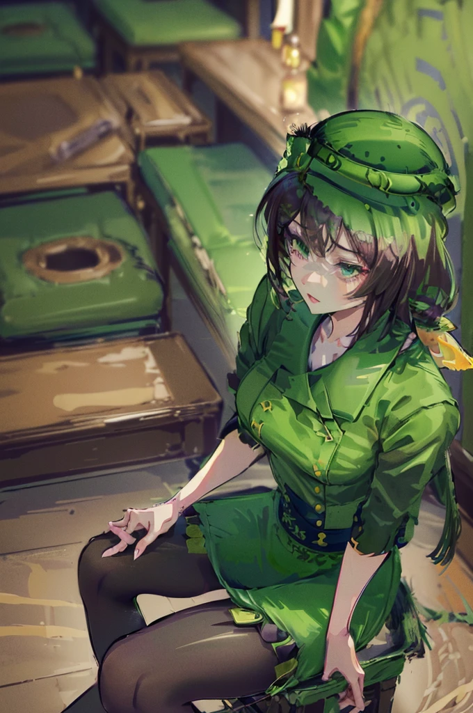 masterpiece, best quality, intricate details, highly detailed, ultra detailed,4k,intricate details panties,(((hayakawa,tazuna,ponytail,green headwear,green jacket,green skirt,pencil skirt))),sitting ground,spread legs, spread crotch,panties shot,(((detailed panties, pvc panties, brocade))),cameltoe,