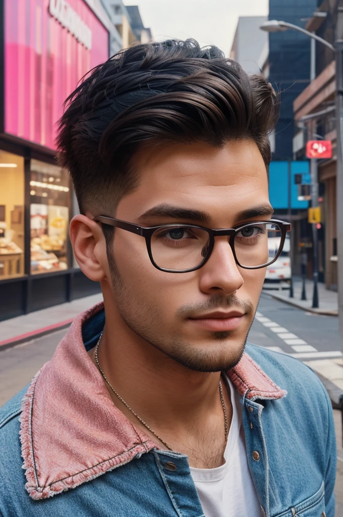 Create a 3D illustration featuring a realistic 28-year-old handsome  boy busy Developing software in front of a 3D logo of “Instagram” The boy wearing Pink Denim jacket , with glasses , Undercut hair style, The background of the image should showcase a social media profile page and the username “ Trinath” and a matching profile picture and modify it according to your perspective