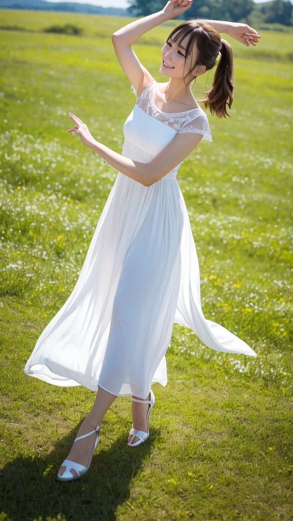 spring，Cheerful woman in a long white dress，Dance in front of Grassland Park，The husband watched his wife dance joyfully.，There are also small red flowers blooming on the grass.，The photo is sunny，The shade is warm，