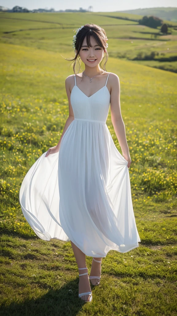 spring,Cheerful woman in a long white dress,Dance in front of Grassland Park,The husband watched his wife dance joyfully.,There are also small red flowers blooming on the grass.,The photo is sunny,The shade is warm,