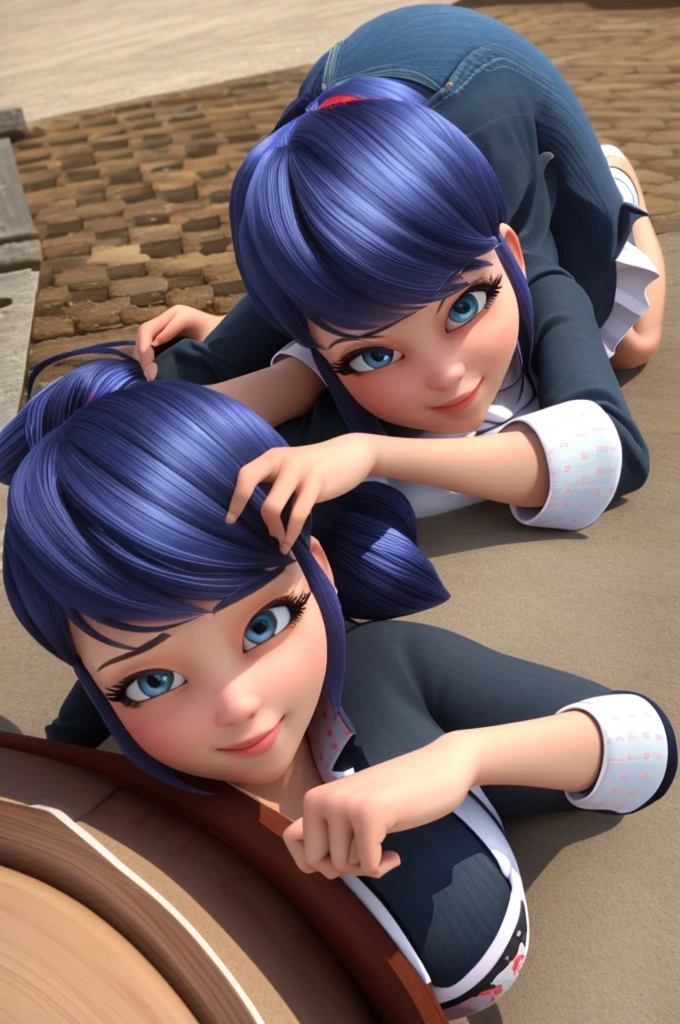(8k, RAW photo, best quality, masterpiece:1.2), (intricate details), perfect eyes, perfect face, perfect lighting, beautiful, (masterpiece:1.2), (best quality:1.2), 1girl, solo, Marinette, blue hair, ((hair in ponytails)), adult torso, (red crop top, tight fitting red skirt,) 19 years old, slight smile, huge sized breasts, cowboy shot, 3DMM, laying down, side view,