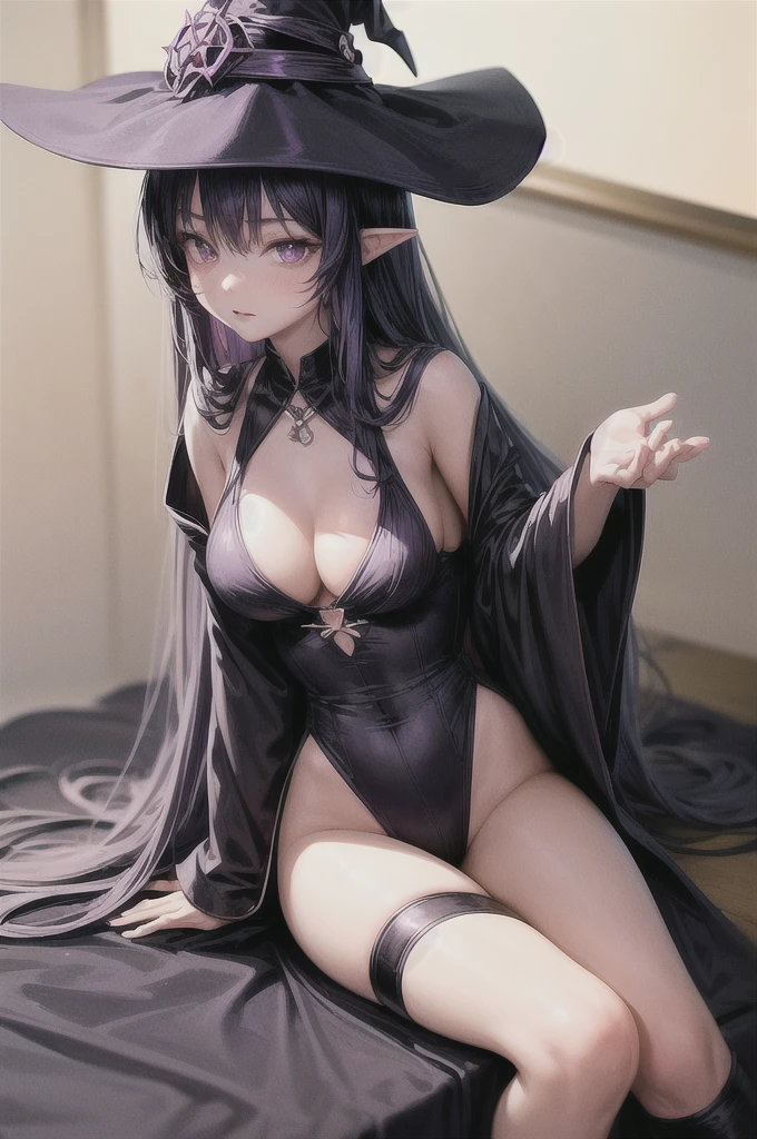 anime girl long purple hair wearing a black Robe. she has pointy ears. Witch Hat. Manga kawaii. iridescent ,An illustration, Sit on the sofa, (no background)